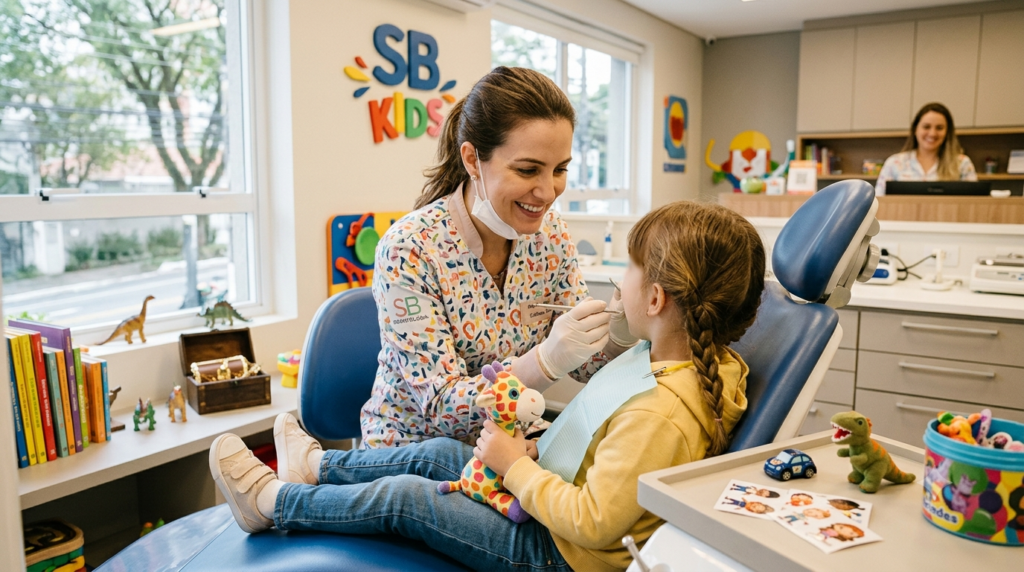 Foto de um consultório com uma dentista mulher sorrindo em frente à uma criança sentada na cadeira de dentista sendo atendida, com a boca aberta. Ao fundo se vê um balcão de atendimento e a secretaria do consultório sorrindo. Atendimento de odontologia infantil e pediatria no consultório da SB Kids em Perdizes, São Paulo. Odontopediatra realizando consulta de odontologia infantil